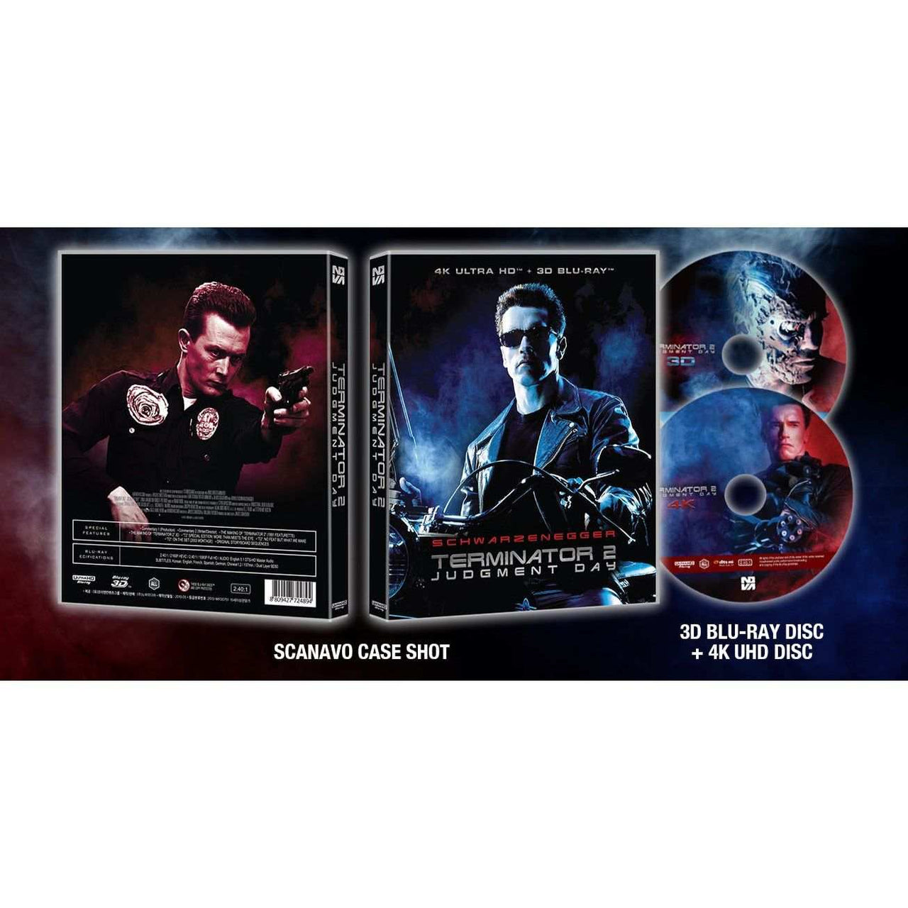 Terminator 2 Judgment Day 4K UHD and 3D Blu-Ray Scanavo Full Slip Edition with Arnold Schwarzenegger cover and discs displayed