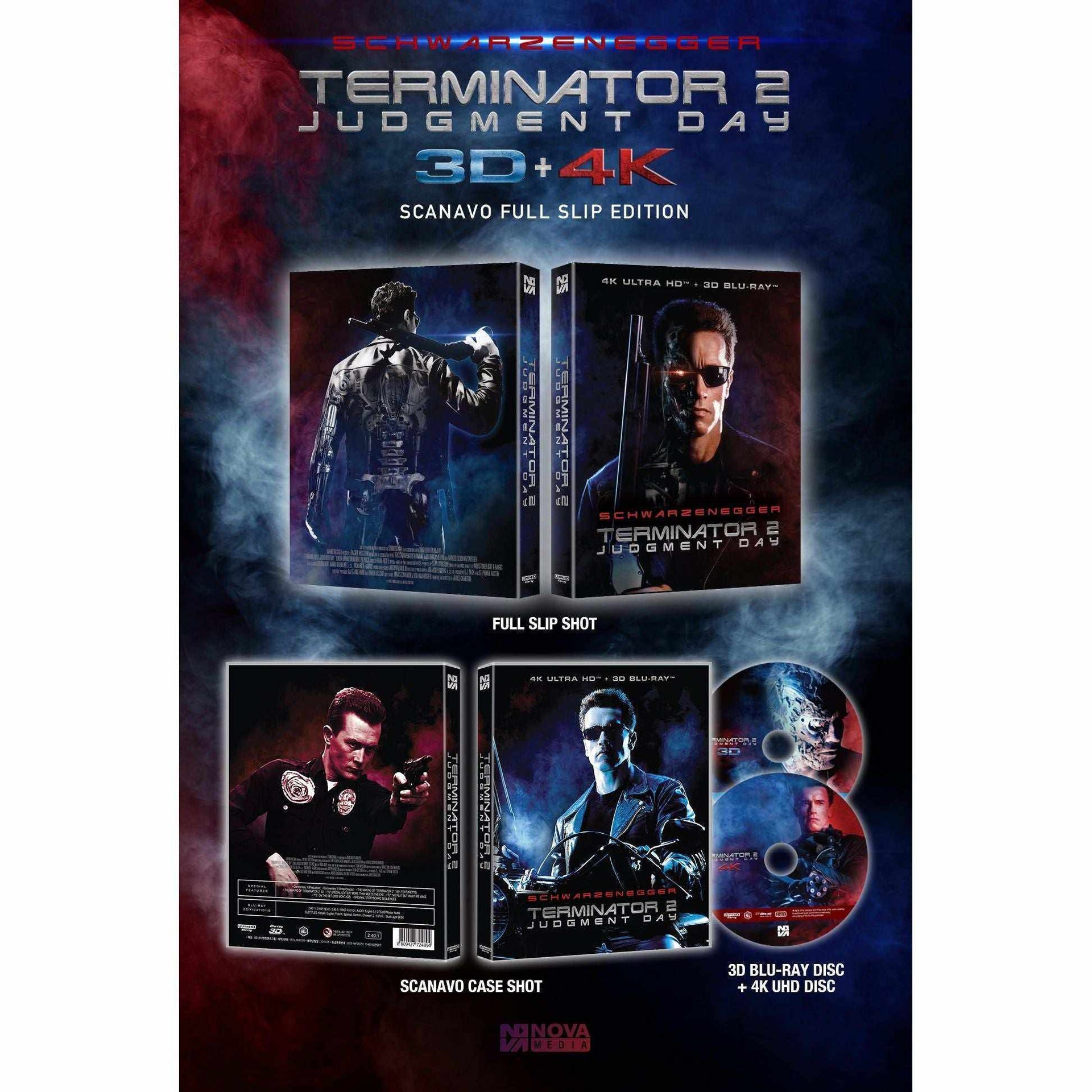 Terminator 2 Judgment Day 4K UHD and 3D Blu-Ray full slip edition with Arnold Schwarzenegger cover and disc set