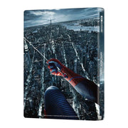 The Amazing Spider-Man Steelbook 4K UHD Blu-Ray pre-order with cityscape and Spider-Man web-slinging design