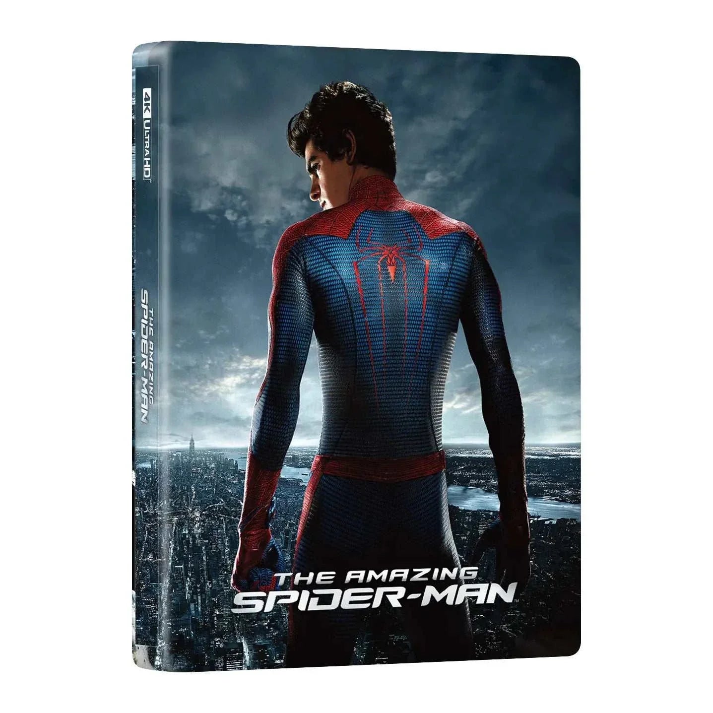 The Amazing Spider-Man Steelbook 4K UHD Blu-Ray cover featuring Spider-Man overlooking cityscape