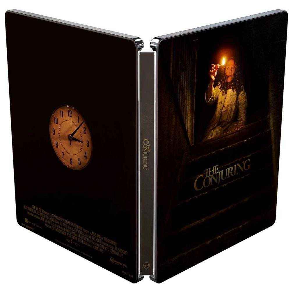 The Conjuring 4K Ultra HD UK Steelbook with cover showing a woman holding a flashlight and a clock on the back cover
