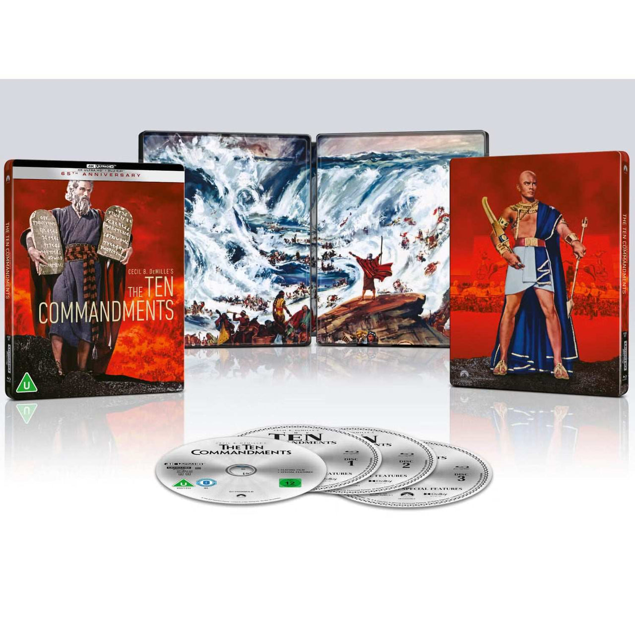 The Ten Commandments limited edition UK steelbook 4K Ultra HD and Blu-ray set with artwork and multiple discs displayed
