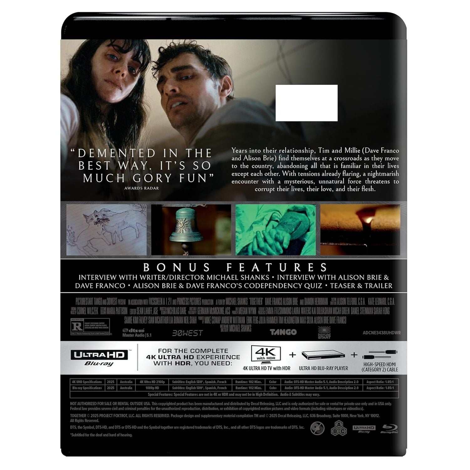 Together 4K UHD Blu-Ray cover showing characters Tim and Millie with bonus features and detailed movie description