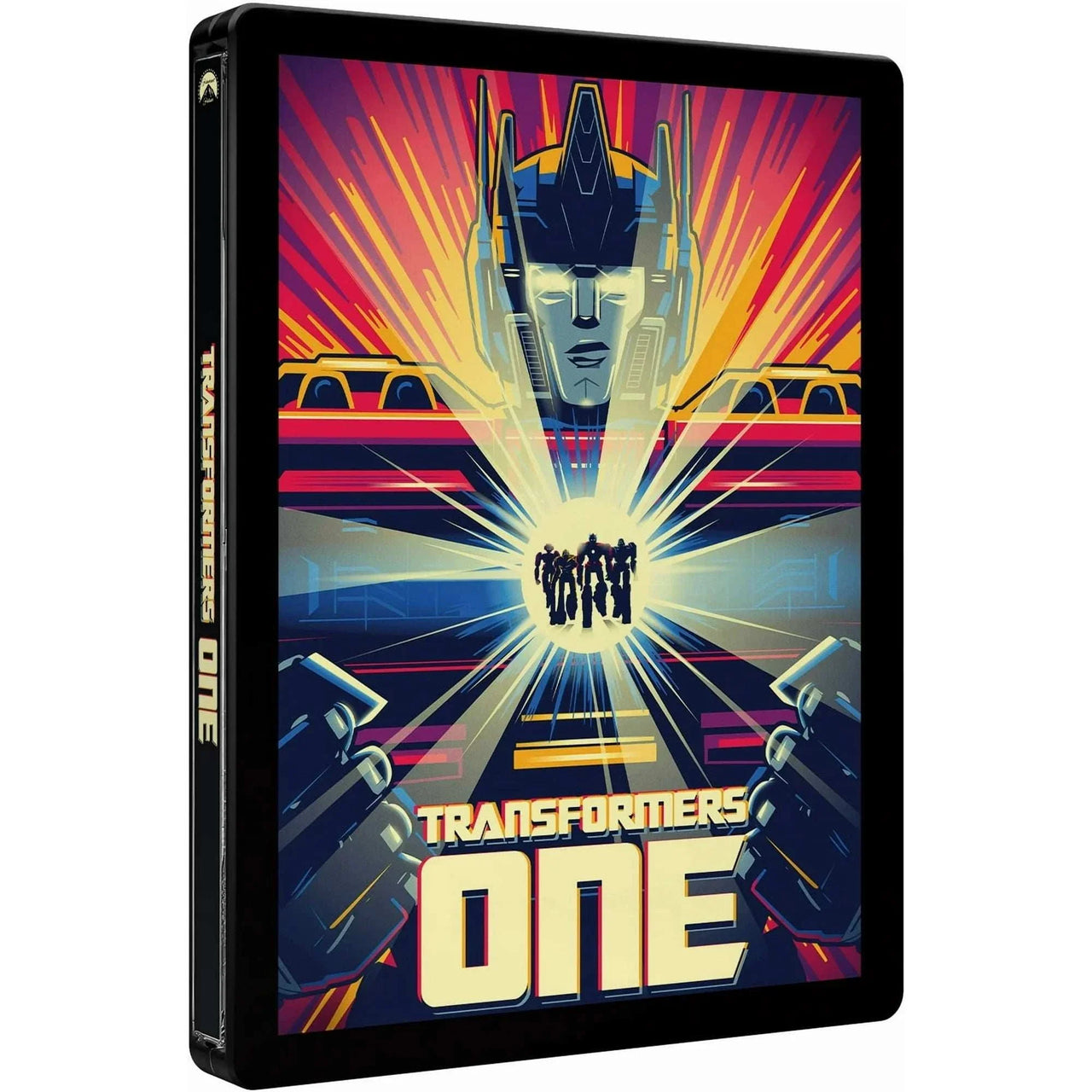 Transformers One 4K UHD limited edition steelbook showing Optimus Prime with vibrant futuristic artwork