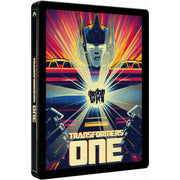 Transformers One 4K UHD limited edition steelbook showing Optimus Prime with vibrant futuristic artwork