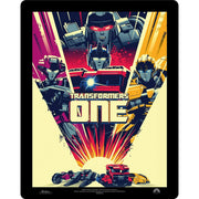 Transformers One 4K UHD limited edition steelbook cover art with Optimus Prime and Megatron characters