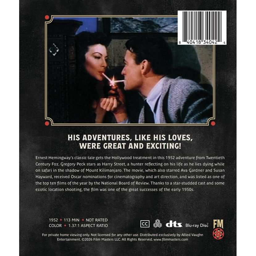 Blu-Ray cover of The Snows Of Kilimanjaro (Archive Collection) movie pre-order with Gregory Peck and Ava Gardner