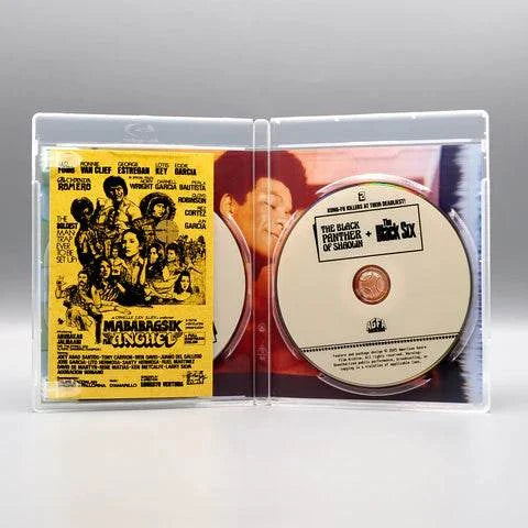 The Black Panther of Shaolin and The Black Six Blu-Ray double feature disc with slipcover case open showing two discs and cover artwork