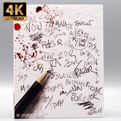 Vinegar Syndrome The Dark Half 4K UHD Blu-Ray Slipcase Cover with Blood Spattered Notebook and Pencil.