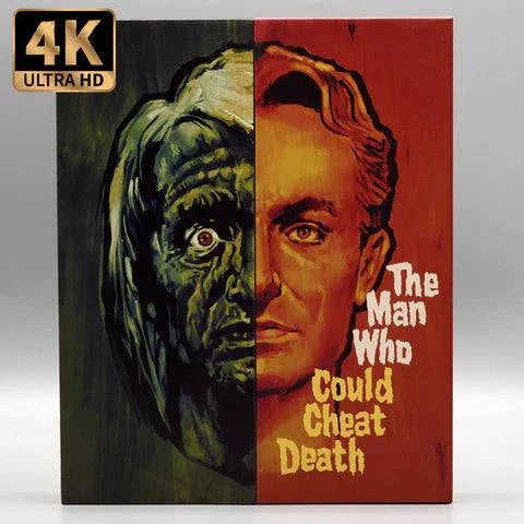 Vinegar Syndrome 4K UHD Blu-ray slipcase of The Man Who Could Cheat Death with half zombie face and half human face artwork