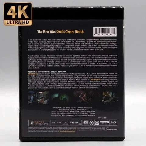 Vinegar Syndrome 4K UHD Blu-ray The Man Who Could Cheat Death limited edition slipcase and booklet back cover detail