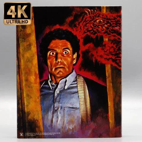 Vinegar Syndrome The Resurrected 4K UHD Blu-ray horror movie cover with shocked man and eerie red background illustration