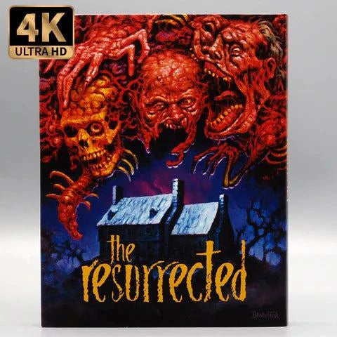 Vinegar Syndrome The Resurrected 4K UHD and Blu-Ray cover featuring horror artwork with monstrous faces and a haunted house
