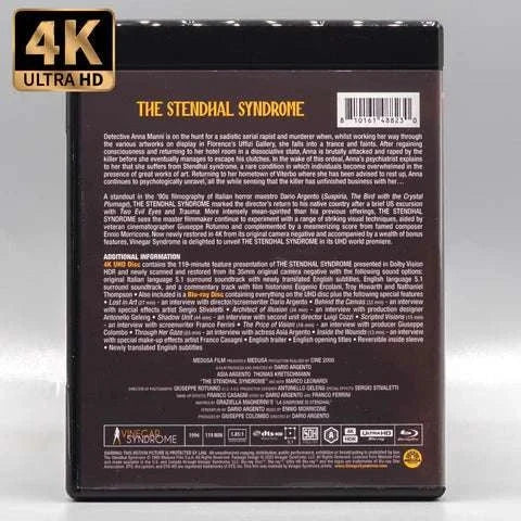 Vinegar Syndrome The Stendhal Syndrome 4K UHD and Blu-Ray limited edition slipcase and slipcover packaging with detailed synopsis and bonus features information on the back cover