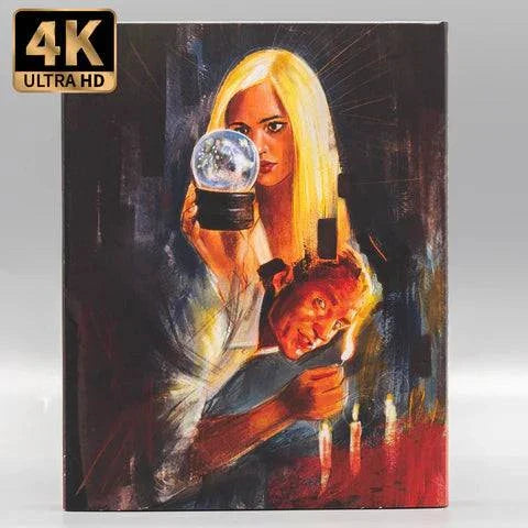 Vinegar Syndrome The Stendhal Syndrome limited edition 4K UHD and Blu-Ray set with slipcase and slipcover artwork showing woman holding crystal ball and man aiming gun.