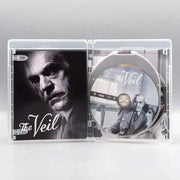 The Veil Blu-Ray open case showing black and white cover with Boris Karloff and disc featuring illustrated portrait and title
