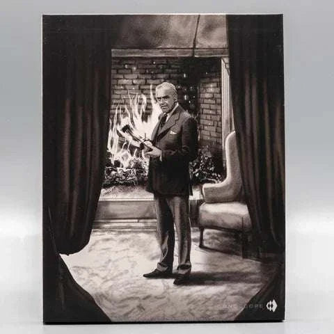 The Veil Blu-Ray limited edition slipcase with embossed design by Lucas Peverill featuring Boris Karloff standing by a fireplace in black and white style