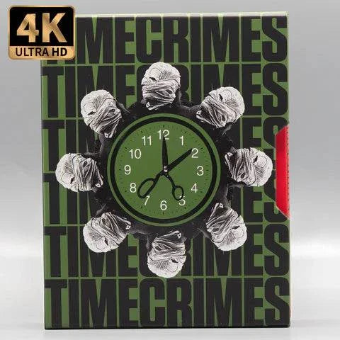 Vinegar Syndrome Timecrimes 4K UHD and Blu-Ray limited edition slipcase with clock and bandaged figures design