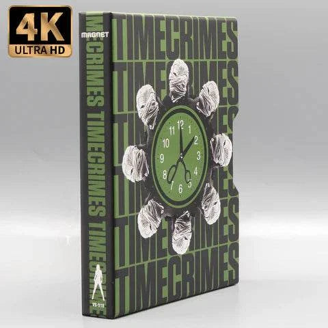Vinegar Syndrome Timecrimes 4K UHD and Blu-ray limited edition slipcase and slipcover packaging with clock design