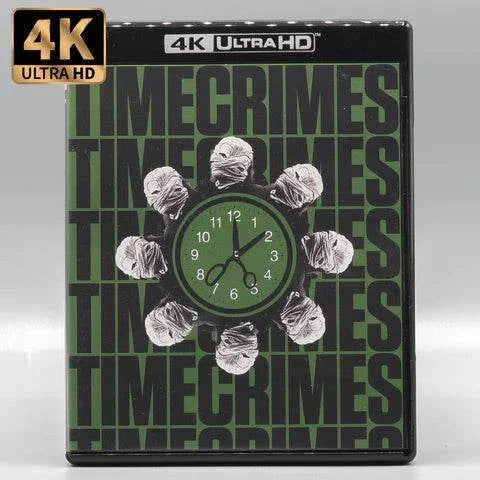 Vinegar Syndrome Timecrimes 4K UHD Blu-ray limited edition slipcase and slipcover cover with clock and bandaged men design