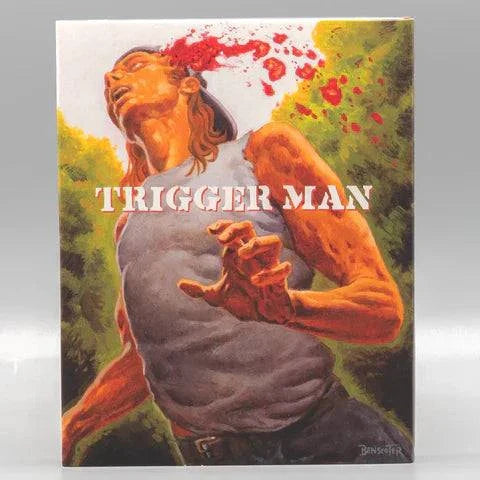Trigger Man Blu-Ray cover with limited edition slipcover featuring graphic artwork by Wes Benscoter showing a man with gunshot wound to head in a forest setting.