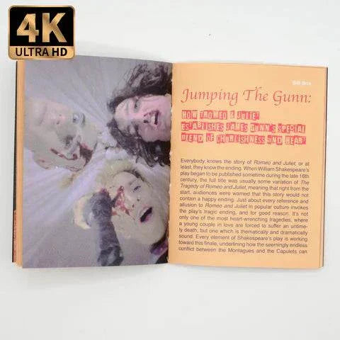 Vinegar Syndrome Tromeo & Juliet limited edition 4K UHD Blu-ray with slipcase and booklet showing open booklet page with horror-themed artwork and text