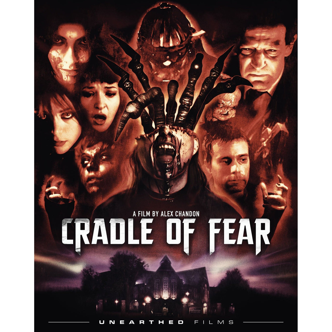 Cradle Of Fear Blu-Ray limited edition horror movie cover with multiple eerie faces and dark mansion background