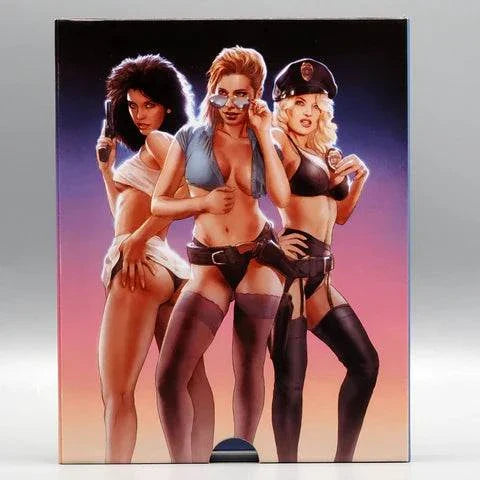 Vinegar Syndrome Archive Blu-ray slipcase featuring illustrated cover of three women in provocative police-themed outfits from Vice Academy series