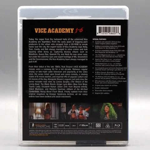 Vinegar Syndrome Archive Vice Academy 1-6 Blu-Ray set with slipcase showing back cover and special features list
