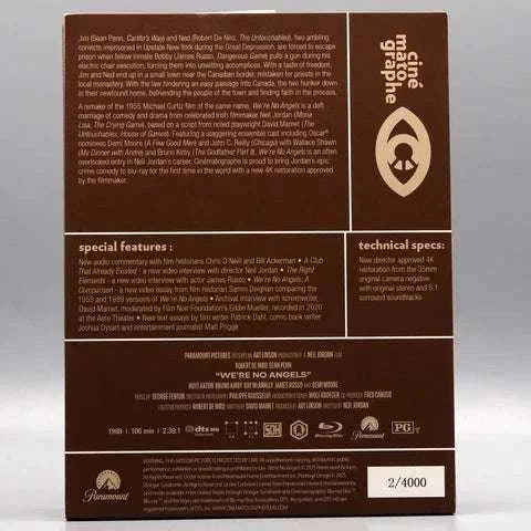 We're No Angels Blu-Ray slipcase showing detailed movie synopsis, special features, technical specs, and limited edition number 2 out of 4000.