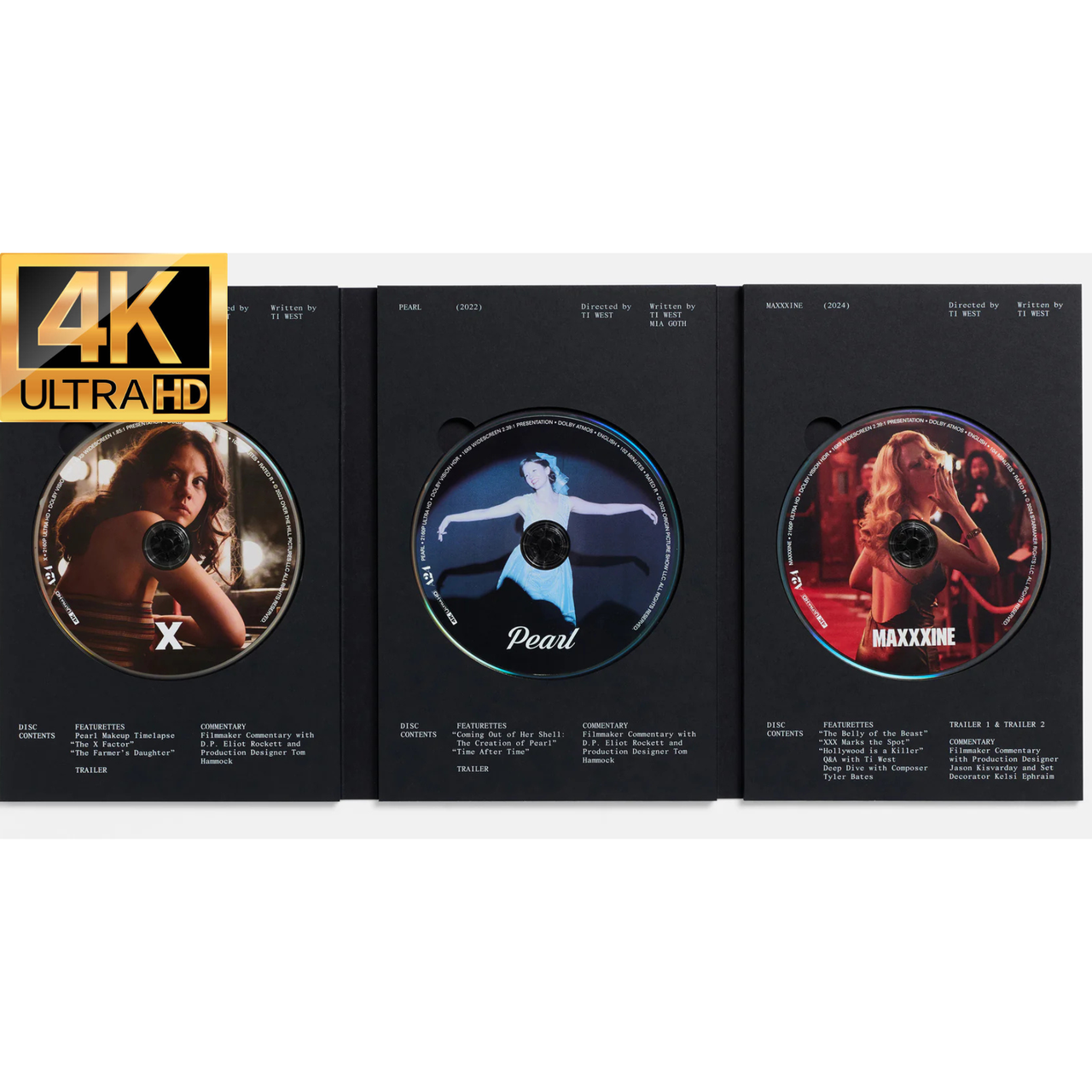 X Trilogy Box Set 4K UHD collector's edition with discs for X, Pearl, and MaXXXine movies.