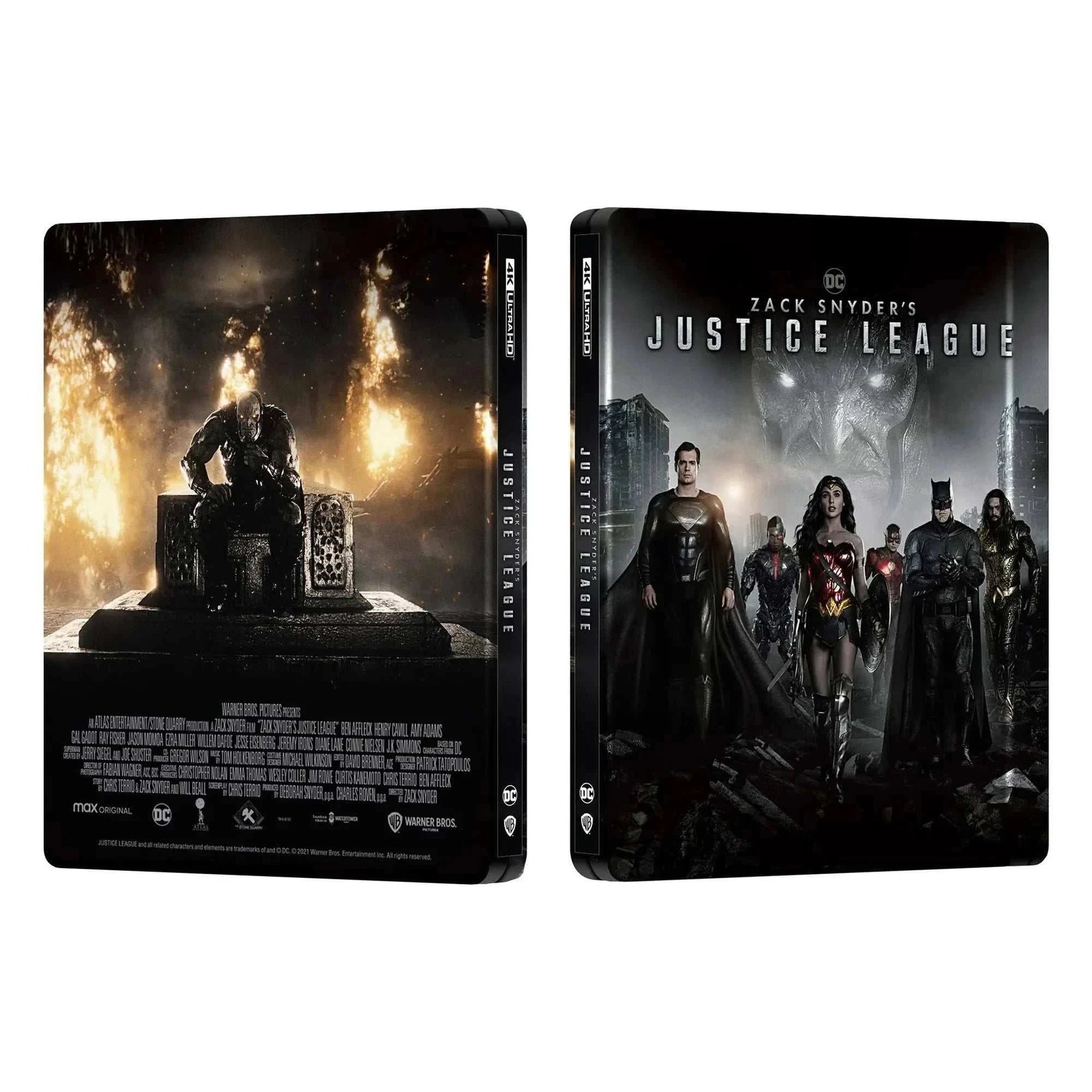 Zack Snyder's Justice League 4K UHD and Blu-Ray Steelbook with metal tin featuring superhero team on front cover and dark cinematic back cover