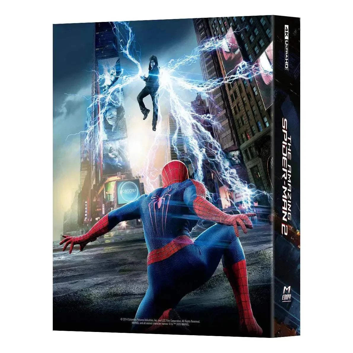 The Amazing Spider-Man 2 Steelbook 4K UHD and Blu-Ray with lenticular full slip and exclusive cover art displaying Spider-Man facing Electro in a cityscape.