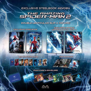 The Amazing Spider-Man 2 exclusive steelbook 4K UHD and Blu-Ray set with lenticular slip, character cards, postcards, and 36-page booklet.