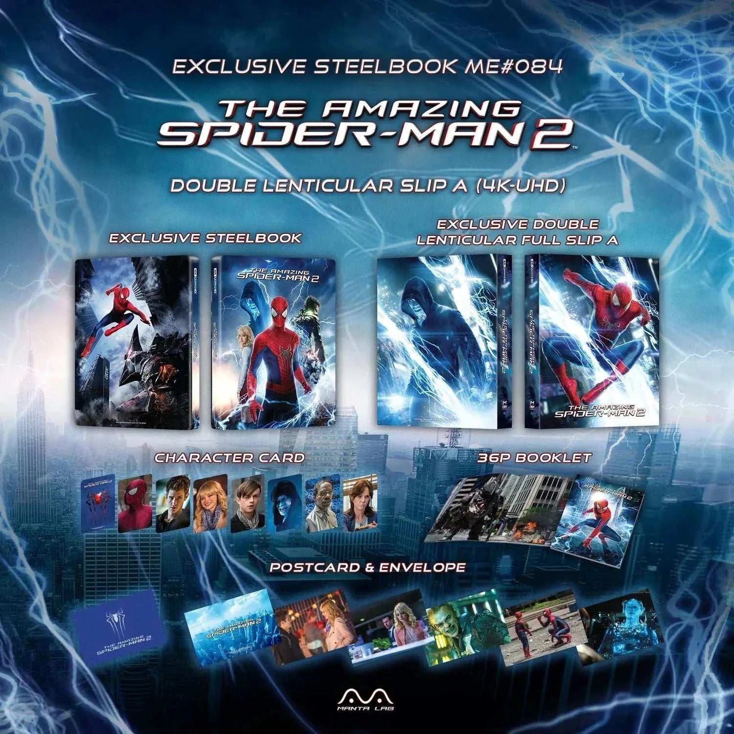 The Amazing Spider-Man 2 exclusive steelbook 4K UHD and Blu-Ray set with lenticular slip, character cards, postcards, and 36-page booklet.