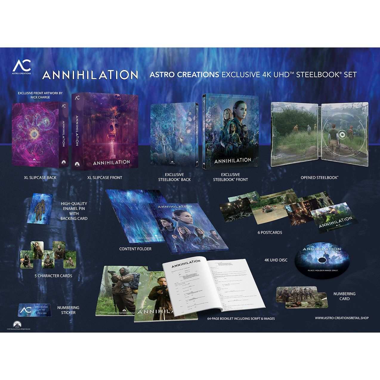 Annihilation 4K UHD XL-A Full Slip WEA Steelbook set by Astro Creations with exclusive artwork, enamel pin, art cards, booklet, and 4K disc