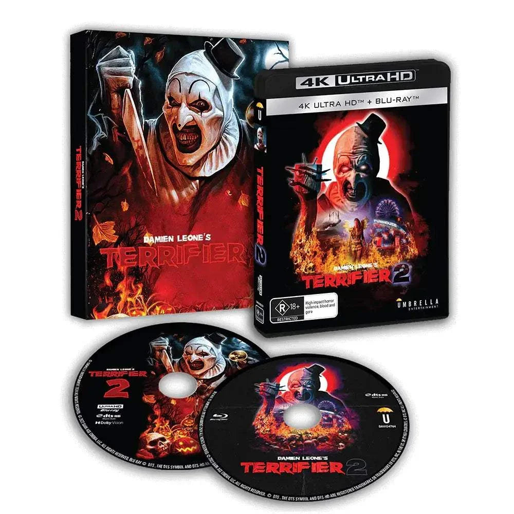 Terrifier Box Set 4K Ultra HD and Blu-ray with Art the Clown cover art, including discs and slipcases.