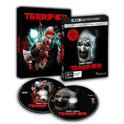 Terrifier Box Set 4K and Blu-ray collection with bloodied Art the Clown artwork, slipcases, discs, and limited edition horror packaging