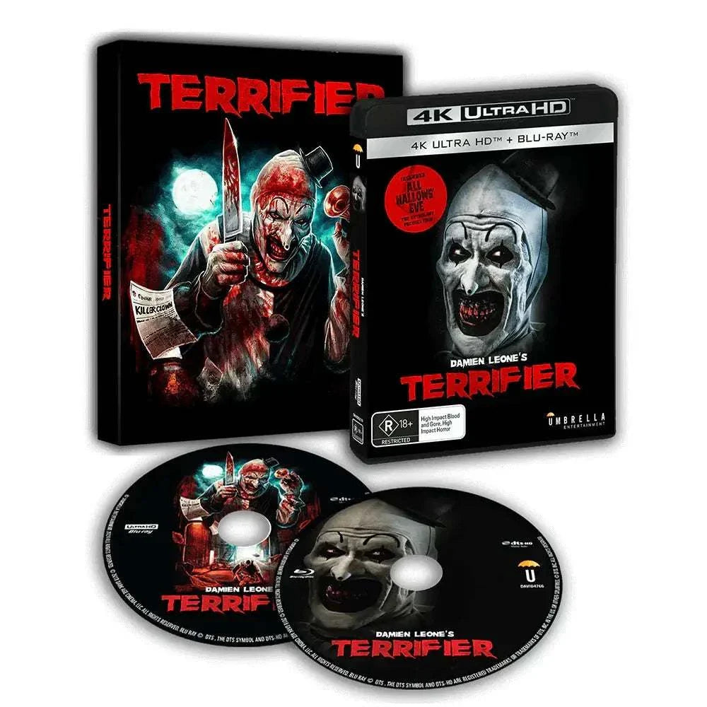 Terrifier Box Set 4K and Blu-ray collection with bloodied Art the Clown artwork, slipcases, discs, and limited edition horror packaging