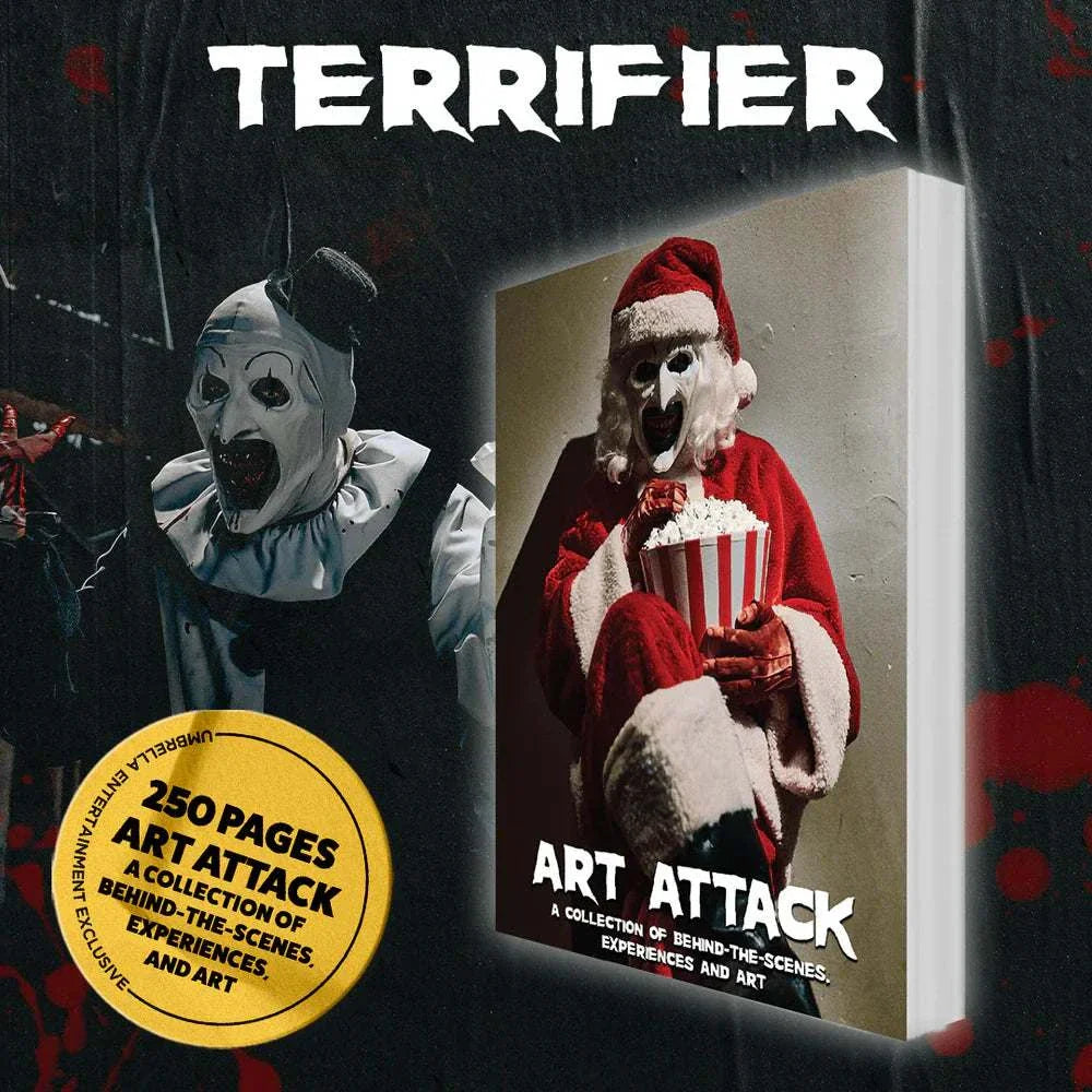 Terrifier Box Set featuring Art the Clown with 4K movies, slipcases, and a 250-page behind-the-scenes art book