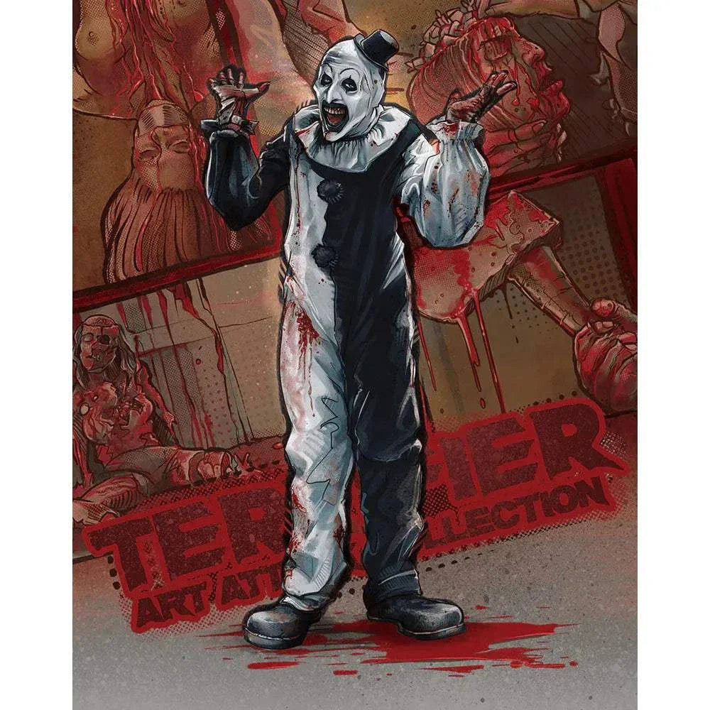 Terrifier Box Set featuring Art the Clown in black and white costume with blood splatters and horror-themed background artwork