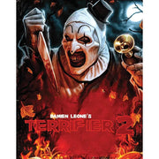 Terrifier Box Set Horror Movie Cover Featuring Art the Clown Holding Knife and Trumpet in Dark Forest with Fiery Background