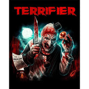 Terrifier Box Set cover featuring Art the Clown holding a bloody knife and a horn under a full moon with bold red Terrifier title text