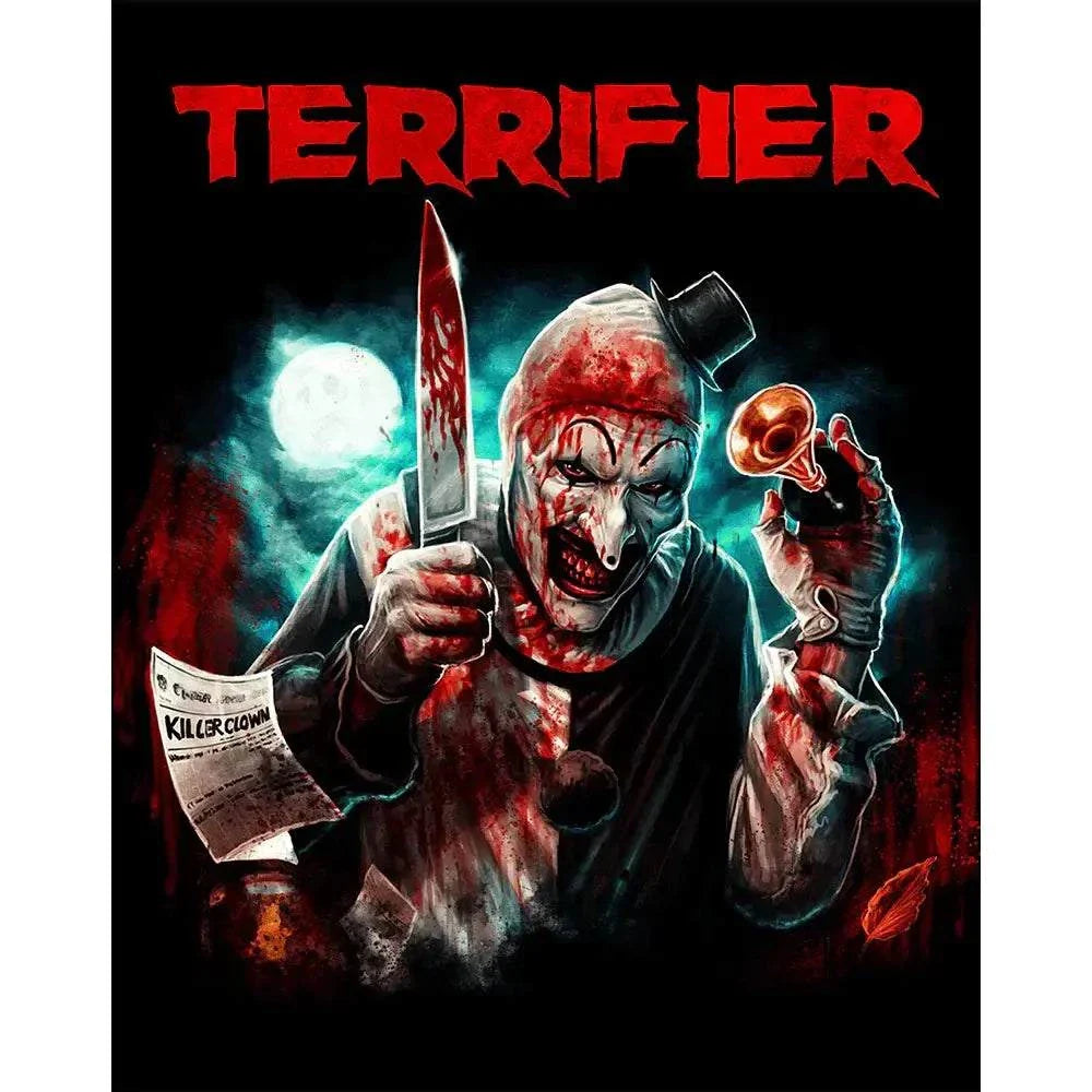 Terrifier Box Set cover featuring Art the Clown holding a bloody knife and a horn under a full moon with bold red Terrifier title text