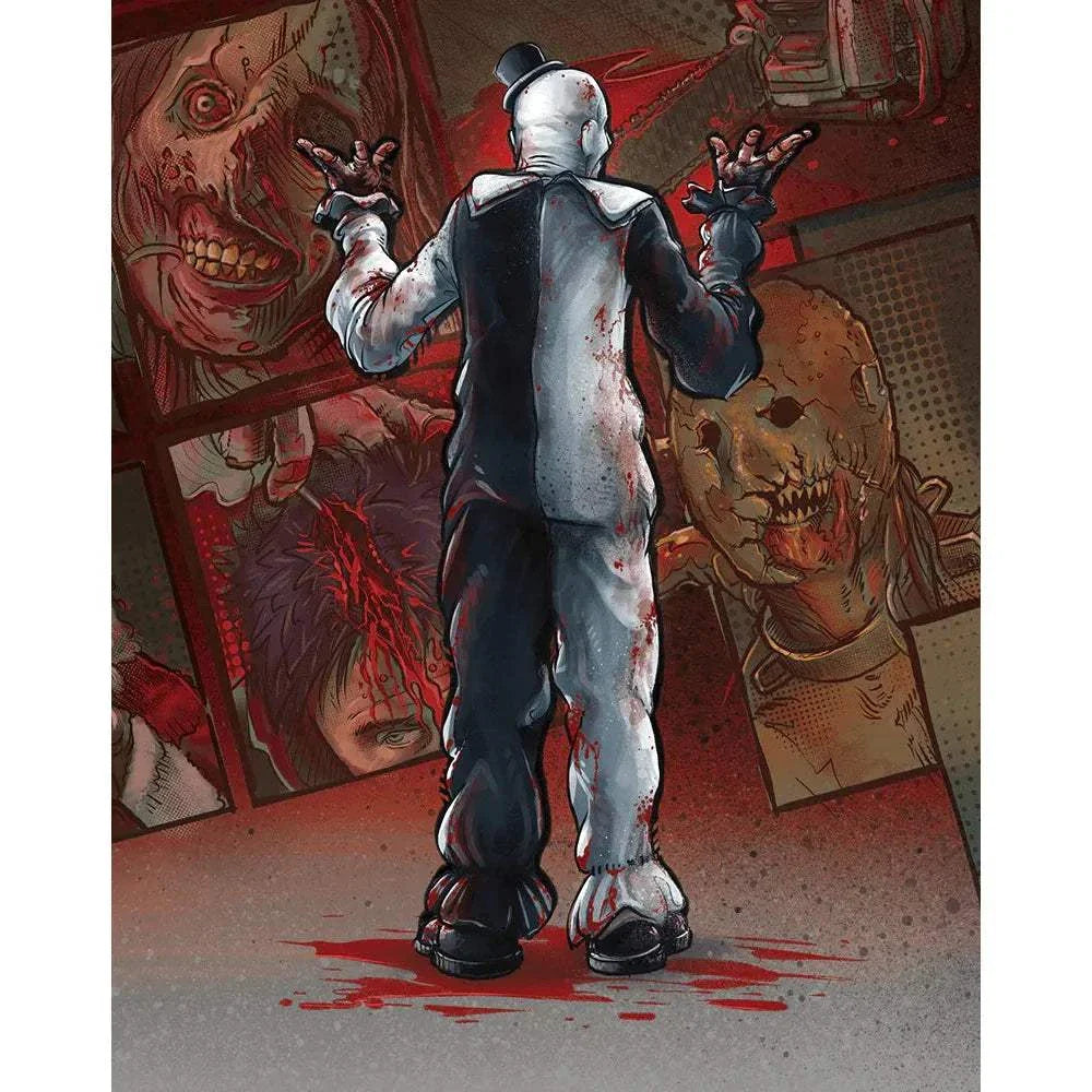 Art the Clown standing in front of bloody horror character portraits from the Terrifier Box Set cover art
