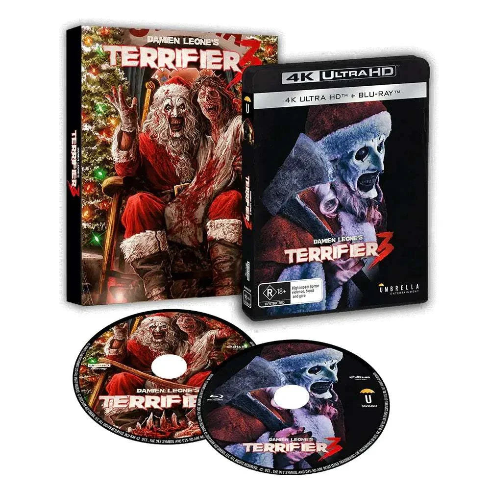 Terrifier Box Set with 4K Ultra HD and Blu-ray featuring horror films Terrifier 1, 2, 3 and All Hallows’ Eve in collector’s edition packaging