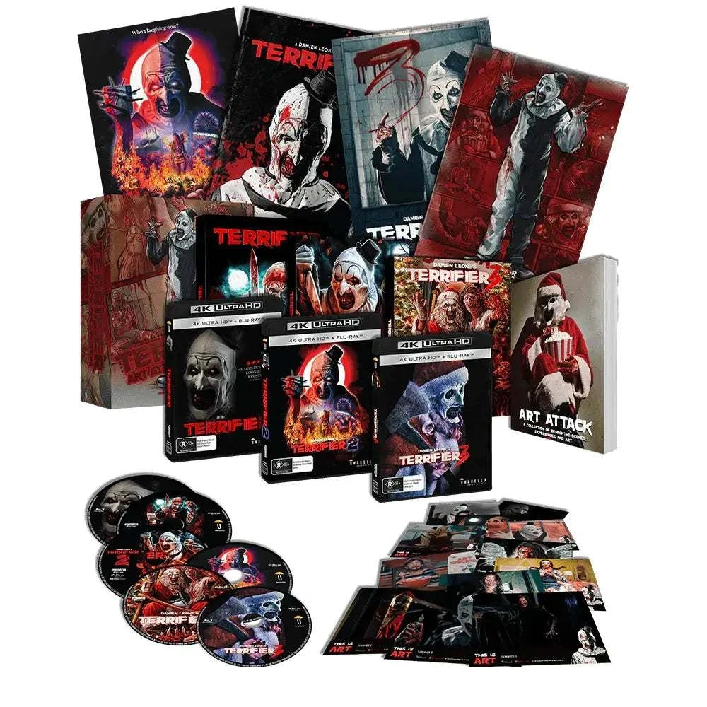 Terrifier Box Set 4K and Blu-ray collection with slipcases, 250-page book, art cards, posters, and exclusive horror content featuring Art the Clown.