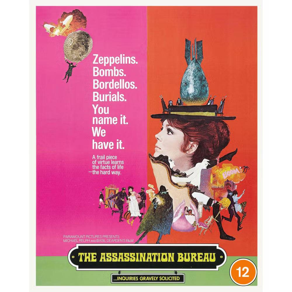 The Assassination Bureau Blu-Ray cover featuring stylized 1960s design with airships and characters against pink and orange background