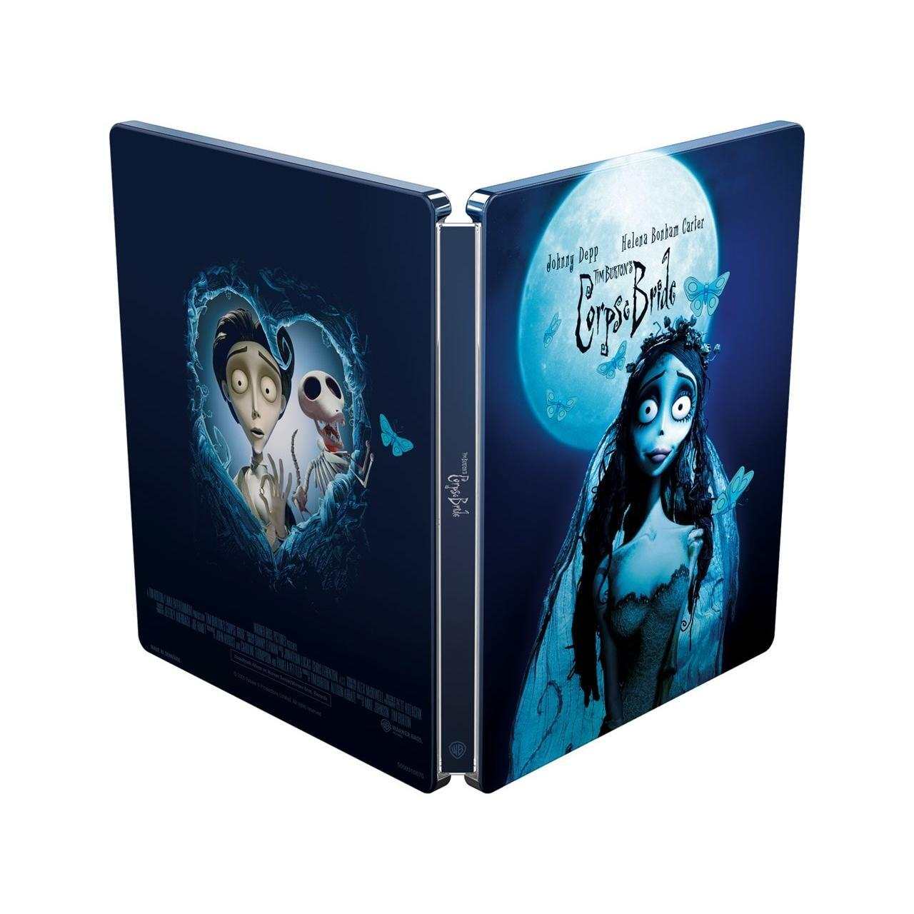 Steelbook edition of Corpse Bride 2005 UK 4K Ultra HD with blue cover featuring animated characters Victor and Corpse Bride under moonlight and butterflies.