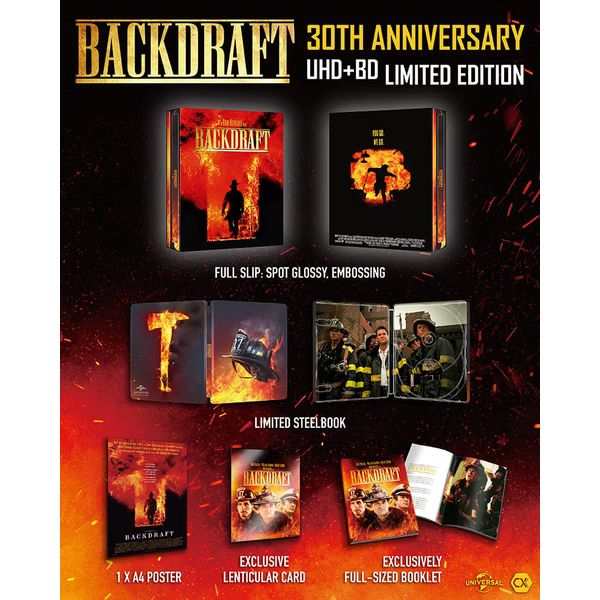 Backdraft 30th Anniversary 4K UHD and Blu-Ray limited edition with steelbook, full slip, poster, lenticular card, and booklet packaging